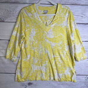 Chico’s Women’s Tunic Top Size Large Yellow White Paisley‎ 100% Linen 3/4 Sleeve